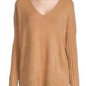 French Connection Camel V-Neck Rib Sleeve Sweater